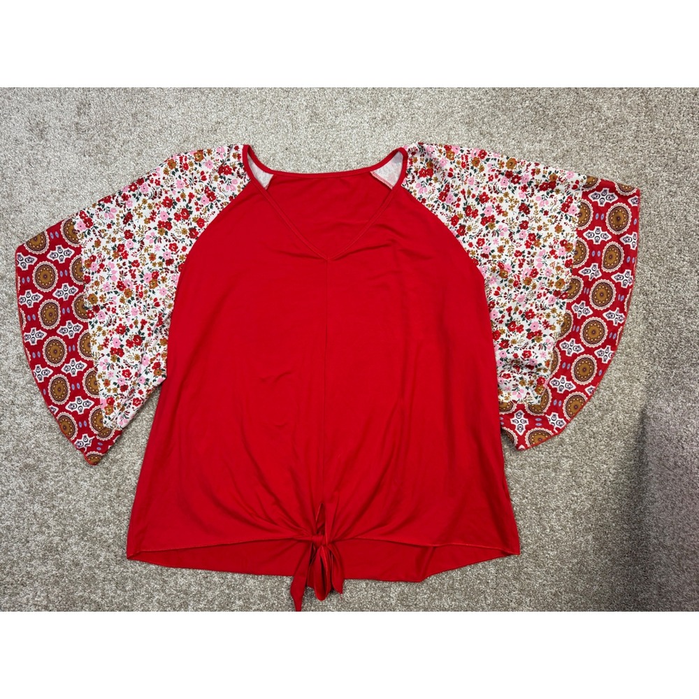 Shein Curve Red Tie Front Top Floral Mixed Print Flutter Sleeve 4XL Plus Size